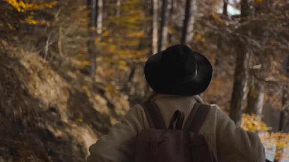 Back View Woman Tourist Walks on Trail in Fall Forest on Sunny Autumn Day alt