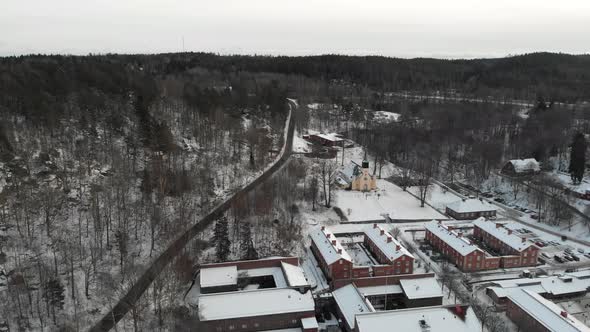 Charming Snowy Town in Sweden Church and Residential Area Aerial
