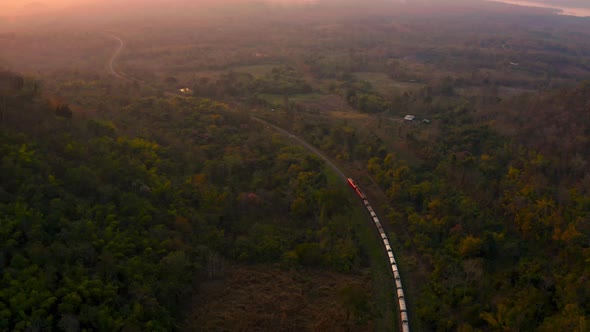 The train runs on tracks amid a beautiful green forest at sunset.