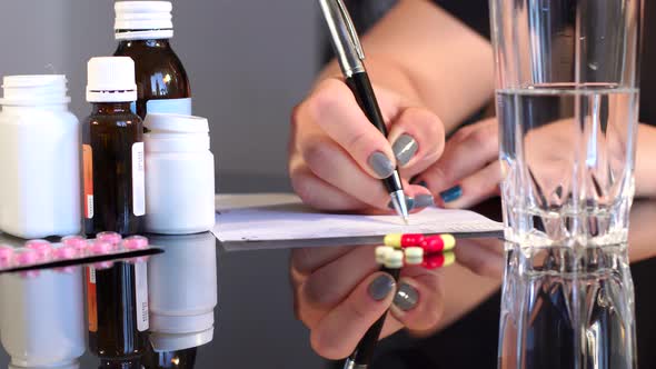 Woman Writing Up Prescription Pills on Foreground alt