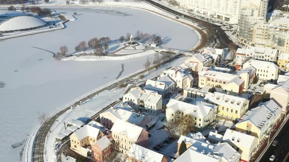 Snow-covered old center of Minsk from a height. The Trinity suburb. Belarus alt
