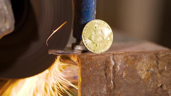 Worker Use Electric Grinder Cutting Bitcoin Coin