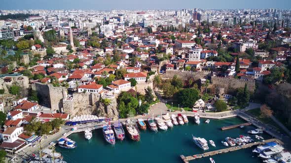 Aerial photograph of Antalya bay in Antalya city from high point of drone. alt