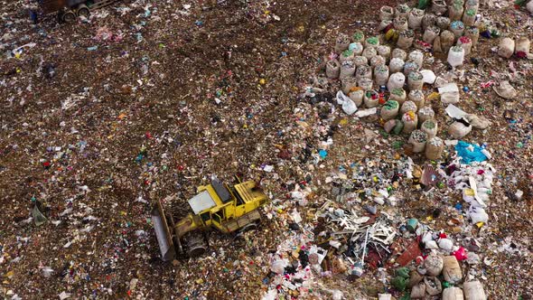 Garbage Bags and Plastic Garbage in a Landfill, Top View. Flock of Seagulls alt