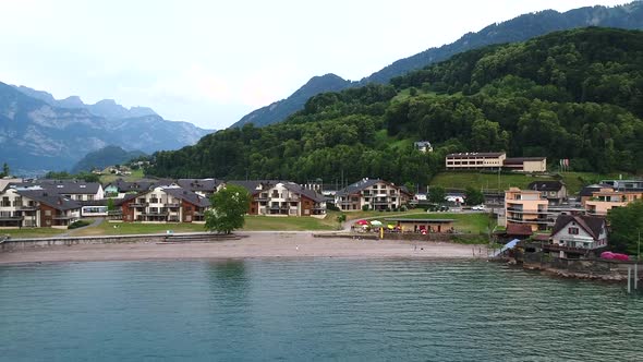 Aerial view of the Bijouswiss lake in Flumserberg, Switzerland alt