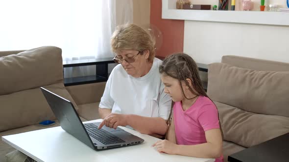 A Little Girl Teaches Her Grandmother To Work on a Laptop . Social Distancing and Self-isolation in