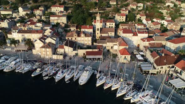 Aerial View During Sunset of White Yachts in Croatian Marina 