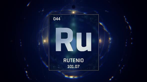 Ruthenium as Element 44 of the Periodic Table on Blue Background in Spanish Language