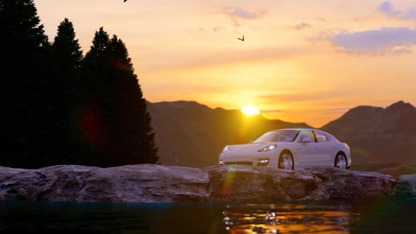 Luxury White Sports Car Driving in Mountainous and Rocky Area with Sunset View