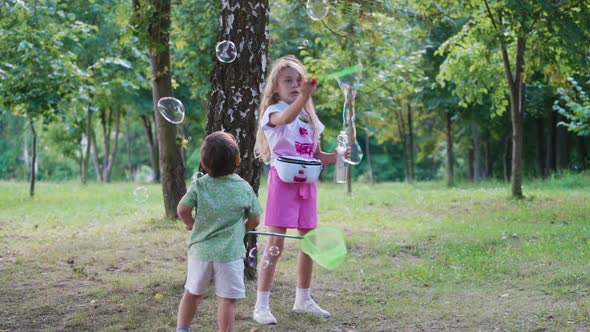 children having fun with bubbles. Little girl blowing soap bubbles in summer park alt