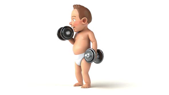 Fun 3D cartoon of a baby lifting weights alt