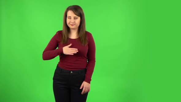 Pretty Girl Refusing Stress and Taking Situation, Calming Down, Breathing Deeply, Relaxing. Green alt