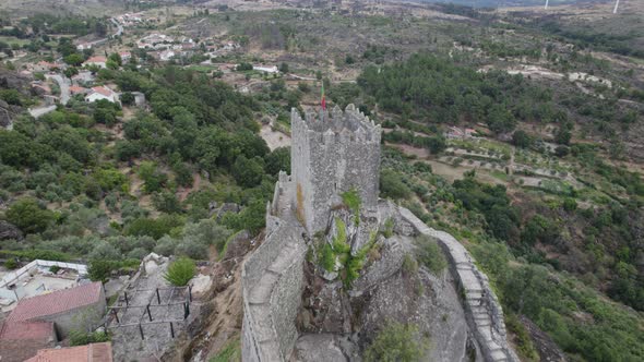Strategic hilltop position of medieval Castle of Sortelha, Porugal; aerial