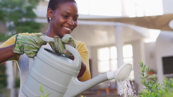 Happy african amercian woman wearing gloves watering flowers in garden alt