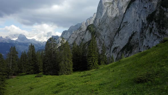 Aerial Footage of Forest and Mountains Near Gosausee Lake Upper Austria alt