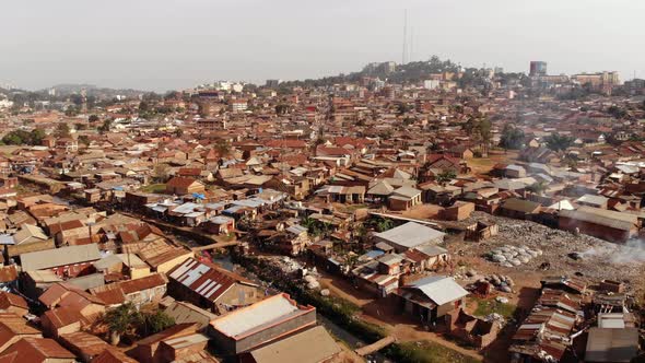 Drone Shot Over the Slums of Uganda Going Backwards