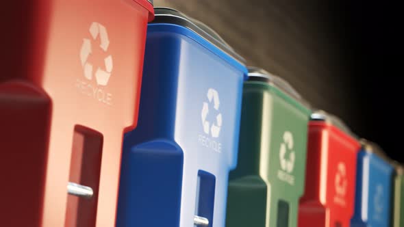 Colorful plastic garbage bins stacked in a row against a brick wall in a loop. alt