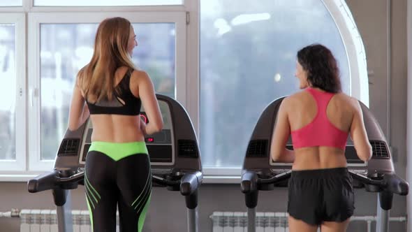 Two Young Athletic Women Running on a Treadmill at Gym. Fitness and Healthy Lifestyle Concept.