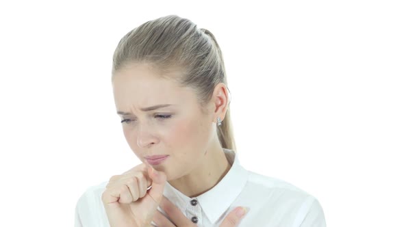 Coughing Sick Business Woman, Cough, White Background alt