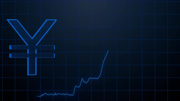 Modern Japanese Yen or Chinese Yuan sign hologram with chart going up. alt