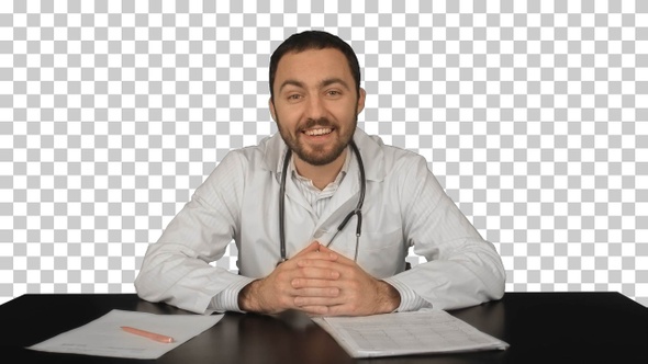 Cheerful smiling doctor with good news, Alpha Channel