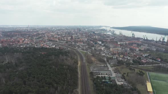 AERIAL: Empty Railroad Leading into the Klaipeda City near the Port