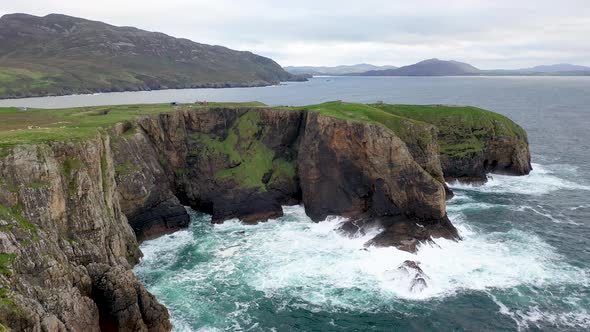Aerial View of the Ruins of Lenan Head Fort at the North Coast of County Donegal Ireland alt