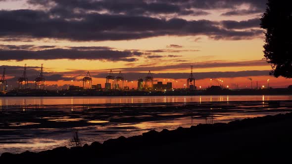 Illuminated Cranes At The Port Of Tauranga Across Tauranga Harbour In New Zealand During Sunset - Go alt