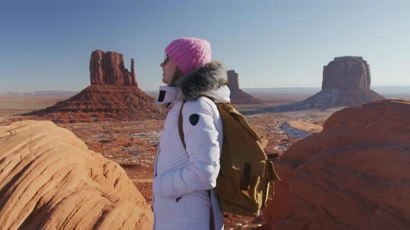 Young Woman Looking at Cinematic Nature Landscape Sunrise Light Happy Tourist alt