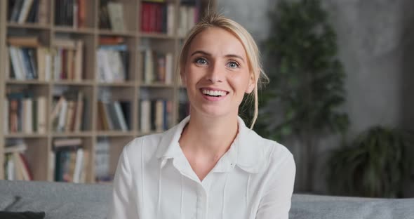 Closeup Portrait Happy Woman Employee Looking at Webcam Video Call at Home Office alt