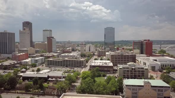 aerial downtown Little Rock, Arkansas. City skyline on a partly cloudy summer day. alt