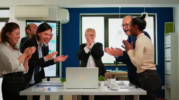 Motivated Happy Diverse Business Team People Clapping Celebrating Success alt