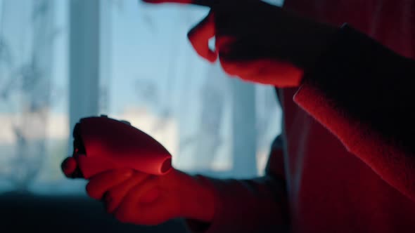 Male Hand Making Countdown Man Starts Playing Video Game on Gamepad alt