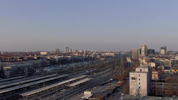 Aerial View of Munich, Germany, East Railway Station and Neighborhood on Summer Evening, Ascending D alt