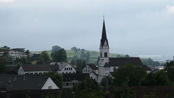 Panoramic View Liechtenstein with Houses on Green Fields in Alps Mountain Valley alt