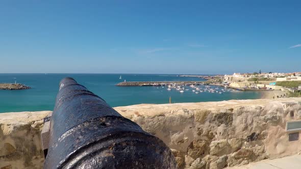 Upwards Pan Shot From Cannon Pointing at Ocean in Sines Portugal