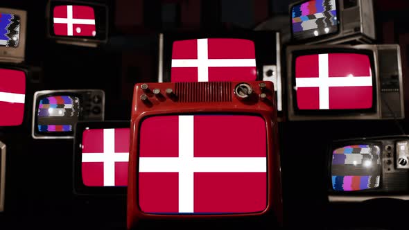 Flag of Denmark on Retro TVs. 4K.