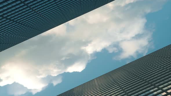 Rotating Camera with a Airplane Flying Over the Top Big City Skyscraper Office Buildings alt
