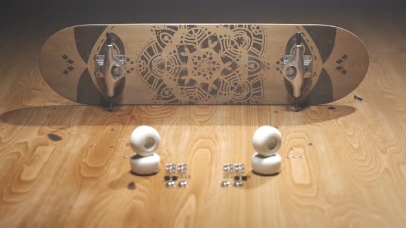 Skateboard assembly process. Elements of the board combining in order. Render 4k alt