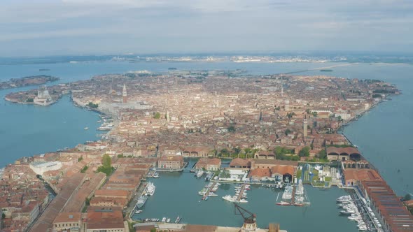 Aerial drone footage of Venice, Italy from very high altitude