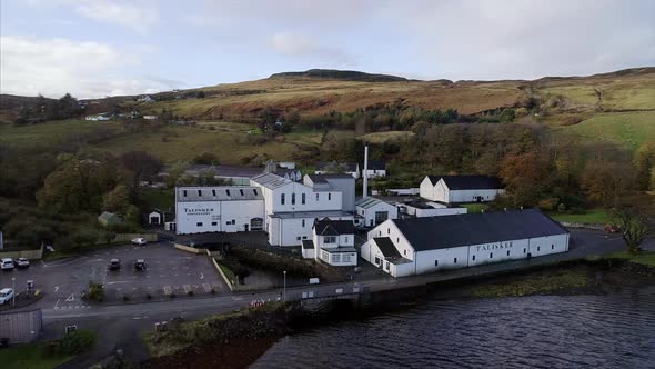 Aerial of a Distillery in Carbost Village Isle of Skye alt