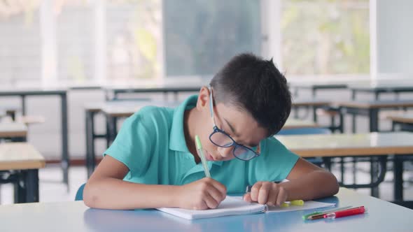 Focused Hispanic Pupil Boy Wearing Glasses alt