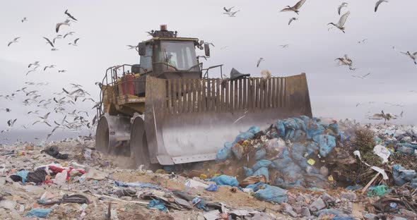 Vehicles clearing rubbish piled on a landfill full of trash alt