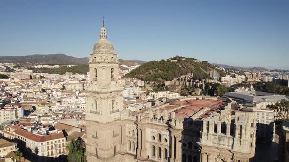 Drone view of Renaissance architecture of Malaga Cathedral, city landmark