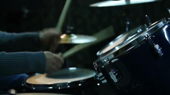 Drummer Playing On Drums. Close Up