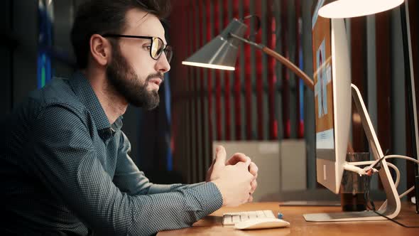 Speaker With Computer Video Call. Businessman Remote Working Camera Chatting Colleagues. alt