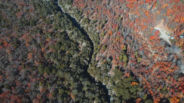 Aerial view of Radal 7 Tazas three color vegetation in autumn season in Chile alt