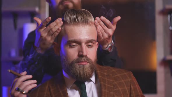 Caucasian Business Man in Suit Smoke a Cigar alt