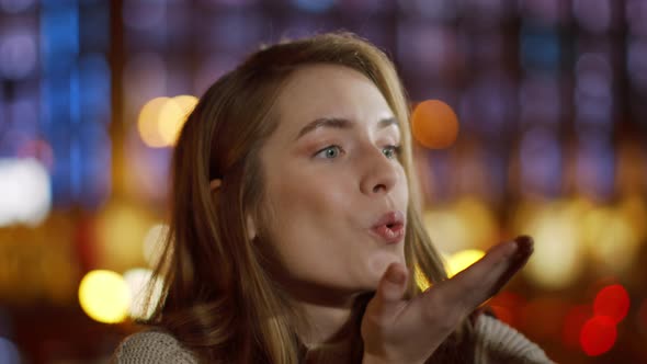 Cute Woman Taking Selfie Photo Phone Outdoor. Pretty Girl Making Faces To Camera alt