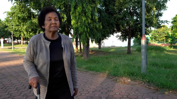 senior woman walking with walking stick in the park alt